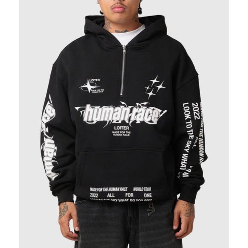Loiter Rave 1/4 Zip Hoodie Men Sz XS Graphic Print Human Race Cotton Logo Skater